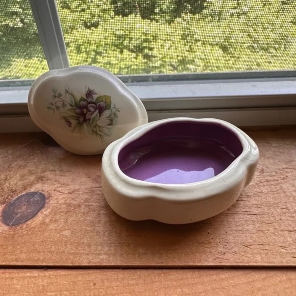 Hand painted Purple-Lined Ceramic Trinket Box w/ Flowers Organic Oval Shape
